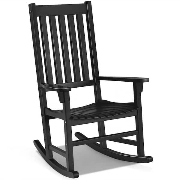 FORCLOVER Black Wood High Back Wooden Outdoor Rocking Chair for Patio Deck