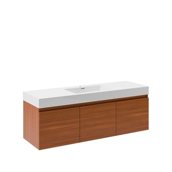 Fresca Mezzo 60 in. Modern Wall Hung Bath Vanity in Teak with Vanity Top in White with White Basin