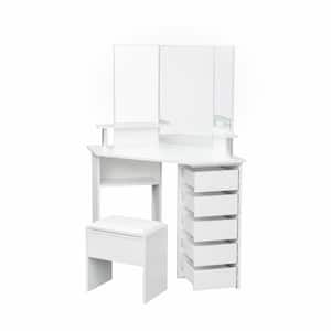 43.7in. x 24.02in. x 55.91in. White Wooden Vanity Table Corner Dressing Table with Three-Fold Mirror and 5 Rotary Drawer