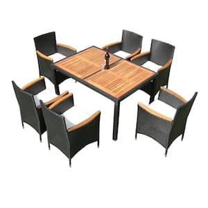 7-Piece Black Wicker Outdoor Dining Set Patio Rattan Wicker Furniture Dining Set with White Cushions and Acacia Wood Top