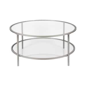 Sivil 36 in. Nickel Round Glass Top Coffee Table with Shelf