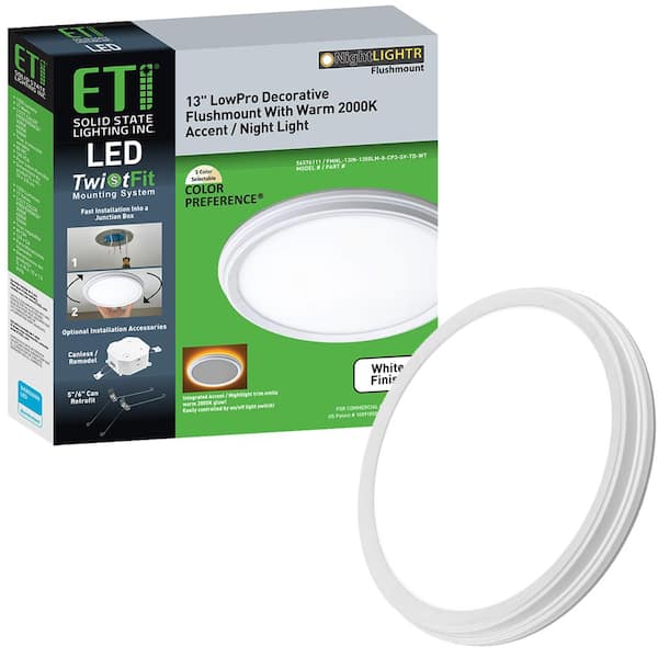 ETI LIGHTING 13 in. Low Profile White Decorative LED Flush Mount Ceiling Light with Night Light 1350 Lumens 17W Adjustable CCT