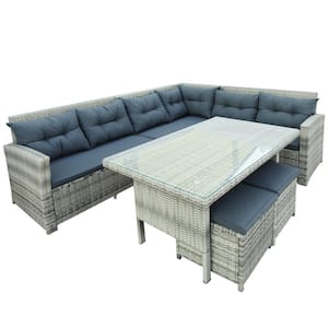 Alexa Gray 6-Piece Wood Outdoor Sectional Sofa Patio Furniture Set with Glass Table and Dark Gray Cushions