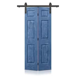 24 in. x 80 in. Vintage Blue Stain 6 Panel MDF Composite Hollow Core Bi-Fold Barn Door with Sliding Hardware Kit
