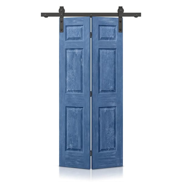 CALHOME 24 in. x 80 in. Vintage Blue Stain 6 Panel MDF Composite Hollow Core Bi-Fold Barn Door with Sliding Hardware Kit