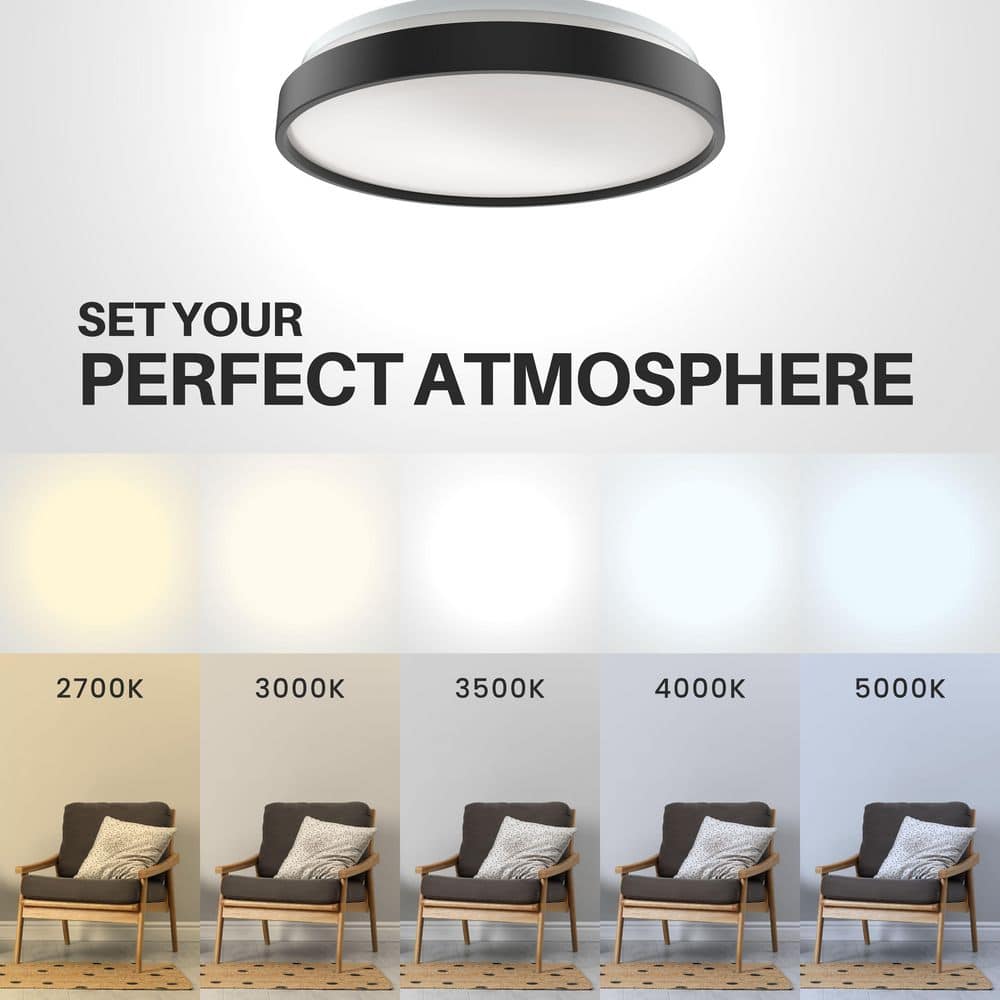 15 in. Modern Ring Slim Selectable LED Flush Mount Ceiling Light Fixture Matte Black For Kitchen Bedroom Living Room