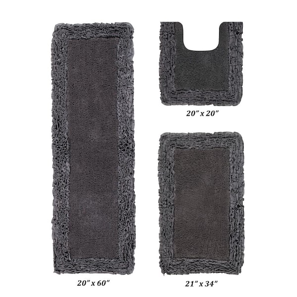Better Trends Shaggy Border Collection 3 Piece Gray 100% Cotton Bath Rug Set - (20" x 20" : 21" x 34" : 20" x 60")