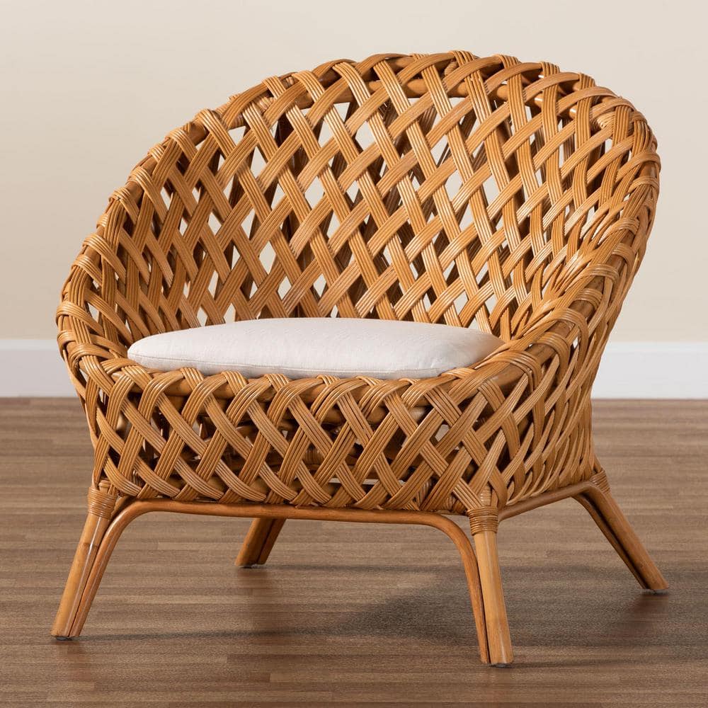 Handcrafted Natural Rattan Bohemian Accent Chair with White Cushion