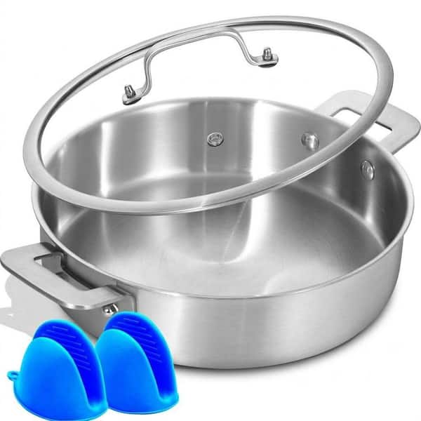6 QT Tri-Ply Stainless Steel Sauté Pan, 12 in Deep Cooking Pan with Lid and Detachable Ergonomic Handles