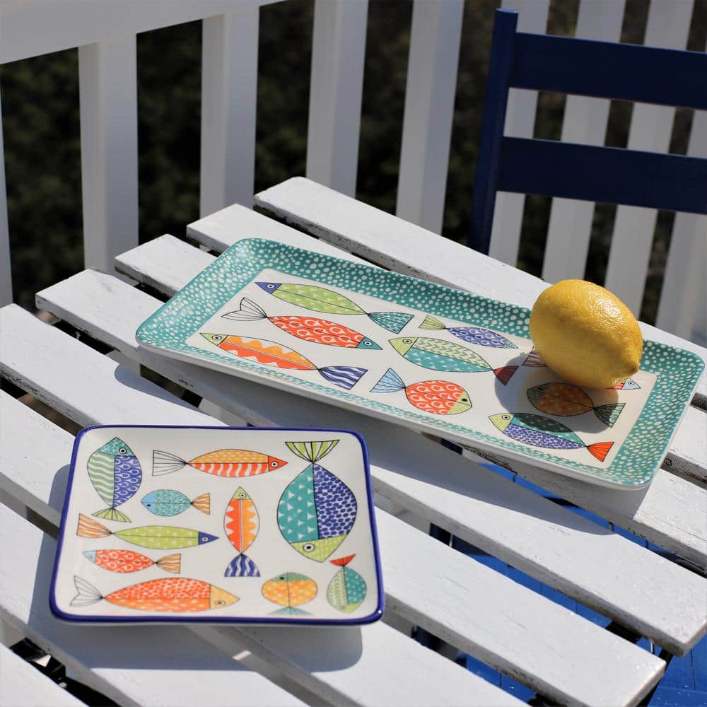 Colorful Fish Pattern Ceramic Square Appetizer Plates Set of 4