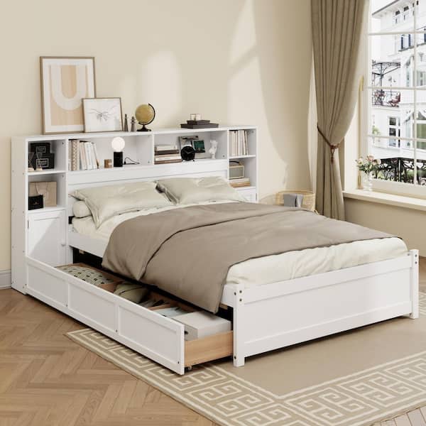 Belinda White Wood Frame Full Size Platform Bed with Storage Headboard, 6 Drawers, Charging Station, Shelves