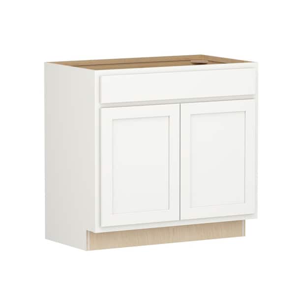 SIMPLY WOODMARK PRO Shaker Partial Overlay 36 in W x 20.75 in D x 34.5 in H Plywood Assembled Vanity Sink Base Bath Cabinet in Linen White