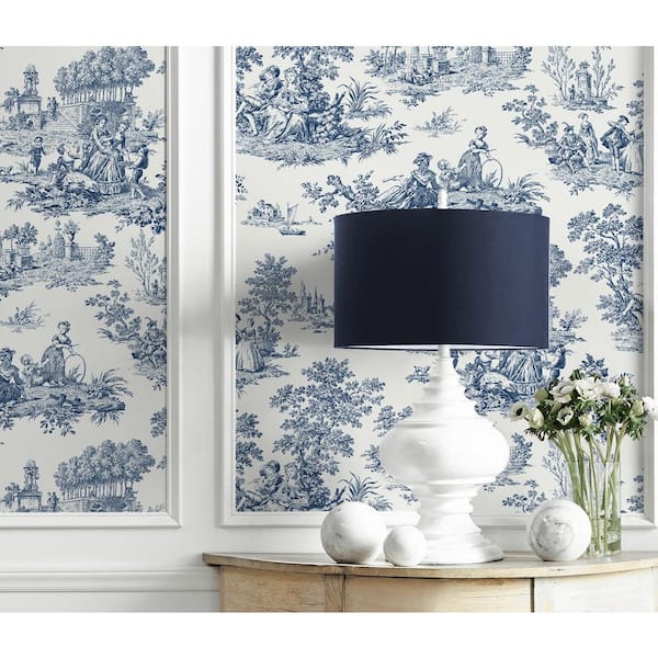 Navy Blue Chateau Toile Vinyl Peel and Stick Wallpaper Roll 30.75 sq. ft.