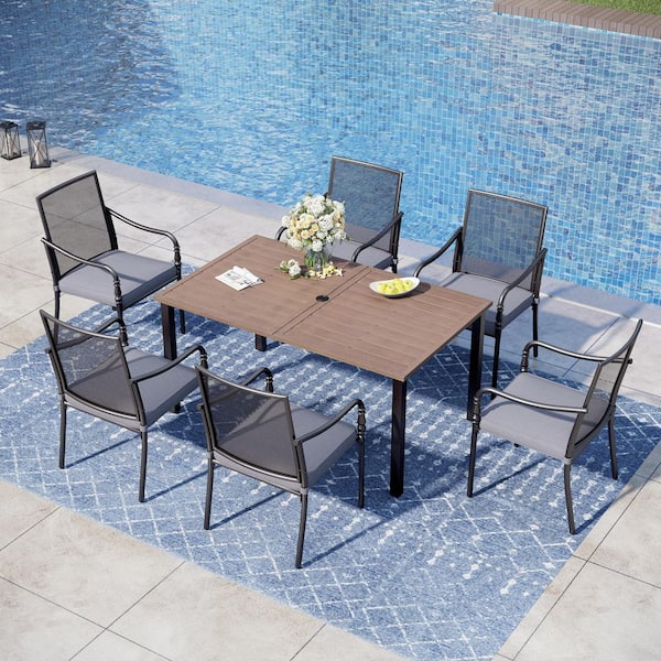 PHI VILLA 7-Piece Black Metal Patio Outdoor Dining Set with Wood-Look Rectangle Table and Gourd Design Chairs with Gray Cushions