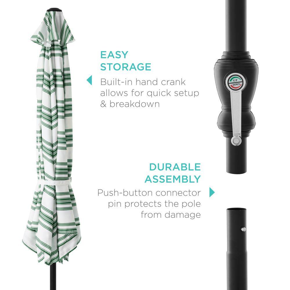 10ft Striped Green Polyester Market Patio Umbrella with Black Metal Pole