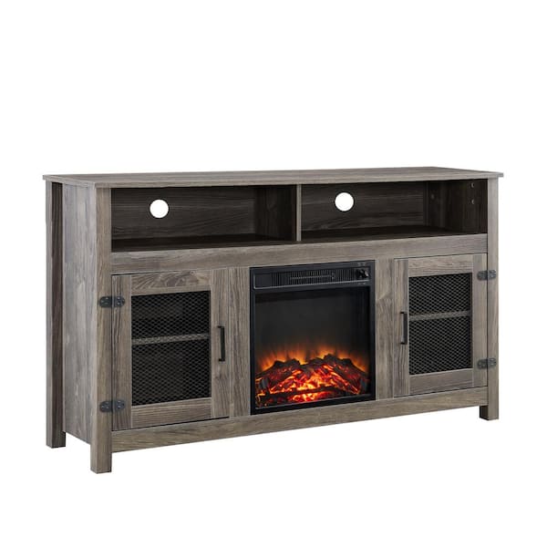 GOOD & GRACIOUS 58.25 in. TV Stand Cabinet Sideboard with Electric Fireplace Grey Fits TV's Up to 65 in. with Ajustable Shelves