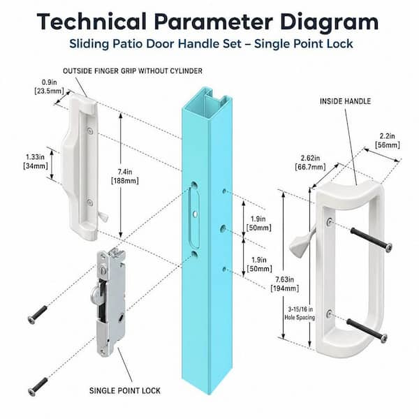 1-Piece White Sliding Patio Door Handle Set, Mortise Lock, 3-15/16" 1-1/4"-2" Thick Doors (Key Cylinder Not Included)