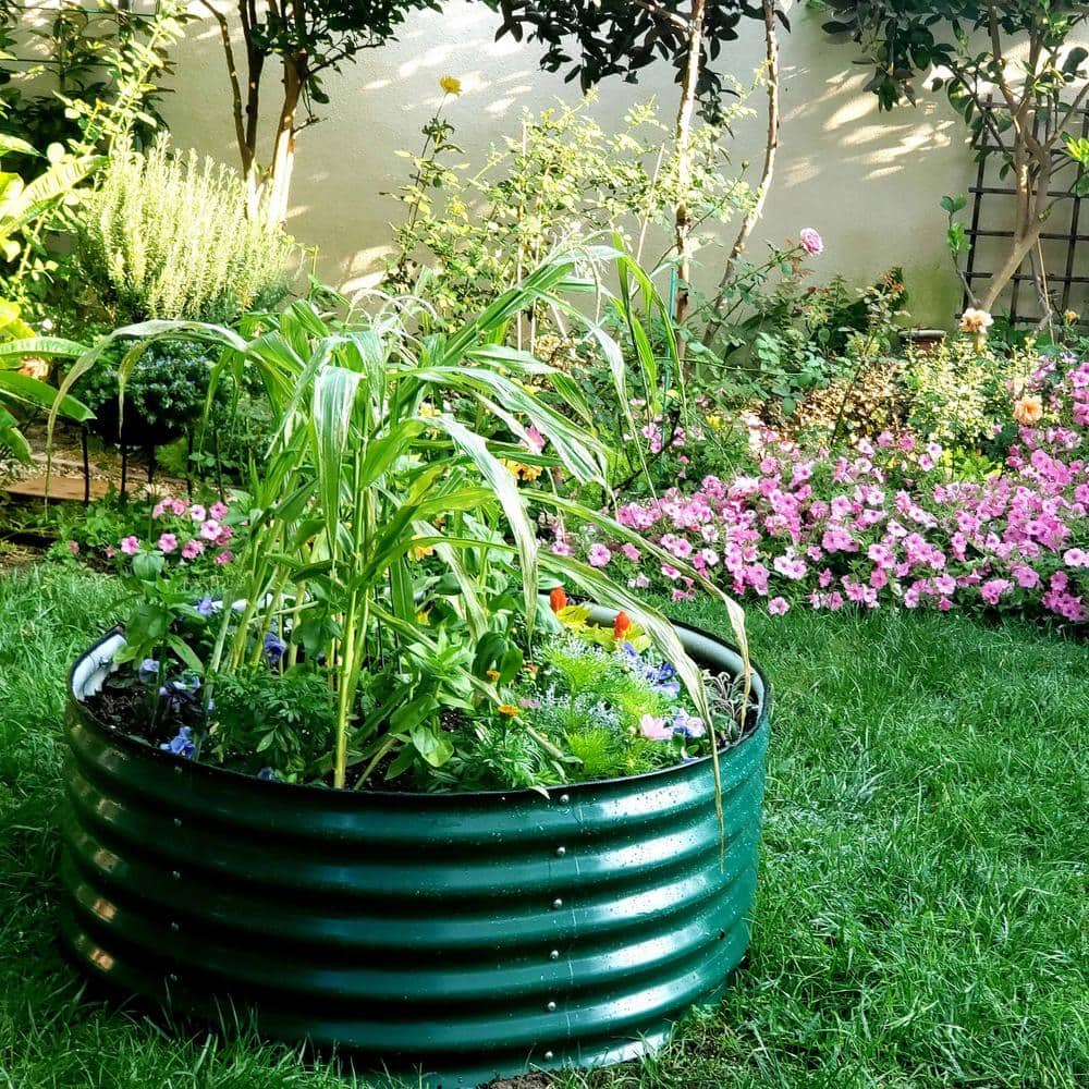 British Green 17" Tall Round Metal Outdoor Raised Garden Bed