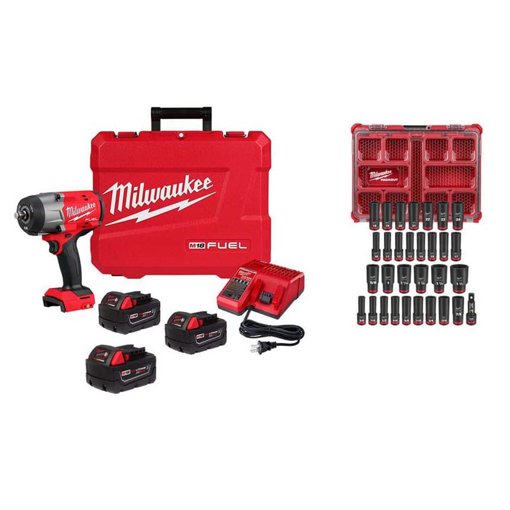 M18 FUEL 18V High Torque 1/2 in. Impact Wrench Kit with 5. 0Ah Battery with 1/2 in 31-Pc Metric/SAE Deep PACKOUT Sockets price history on PriceWatchPro