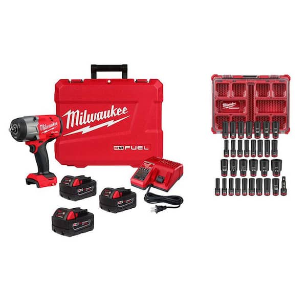 M18 FUEL 18V High Torque 1/2 in. Impact Wrench Kit with 5. 0Ah Battery with 1/2 in 31-Pc Metric/SAE Deep PACKOUT Sockets