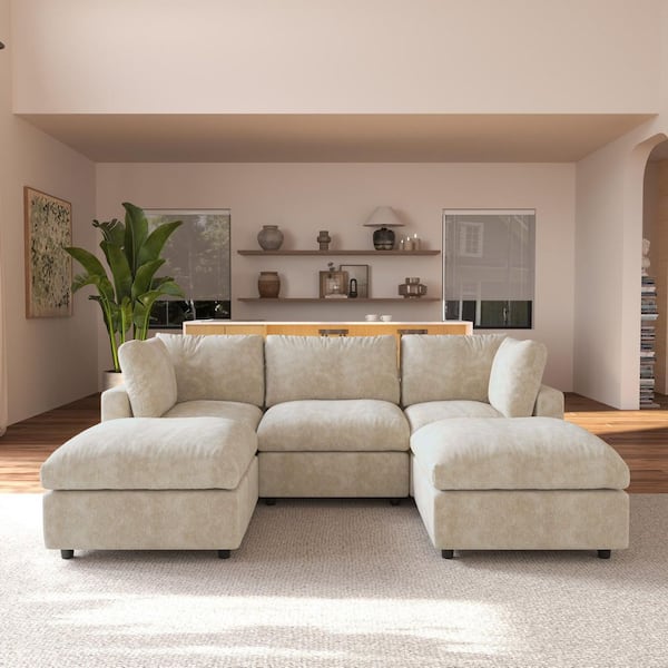 J&E Home 100.5 in. Square Arm Chenille 5-piece Modular Sectional Sofa Free Combination with Ottoman and Removable Covers in Brown