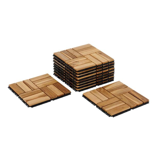 Afoxsos 12 in. x 12 in. Square Teak Wood Interlocking Flooring Tiles Striped Pattern (Pack of 10 Tiles)