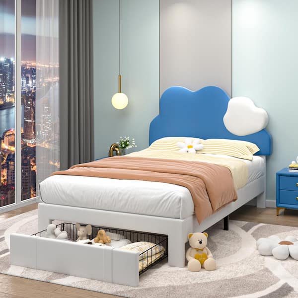 VECELO Upholstered Bed Blue Metal Frame Twin Platform Bed with Storage Drawer for Kids, Cloud-Shaped Headboard and Wooden Slats