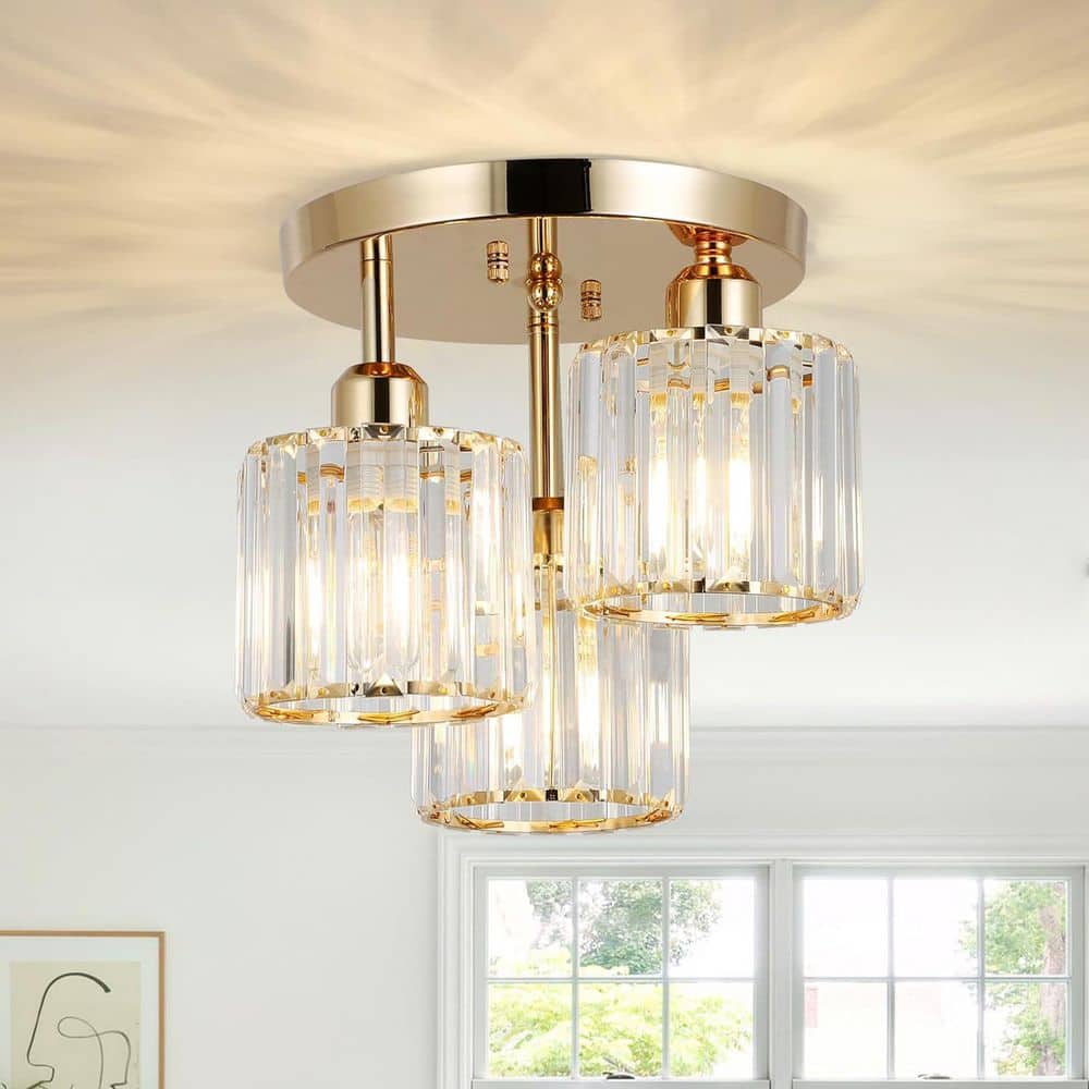 11 in. 3-Light Matte Gold Industrial Semi-Flush Mount With Clear Crystal Shades for Kitchen Bedroom No Bulbs Included price history on PriceWatchPro