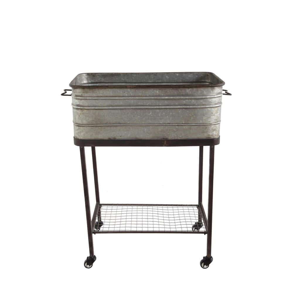 Galvanized Silver and Black Metal Planter Tub on Casters