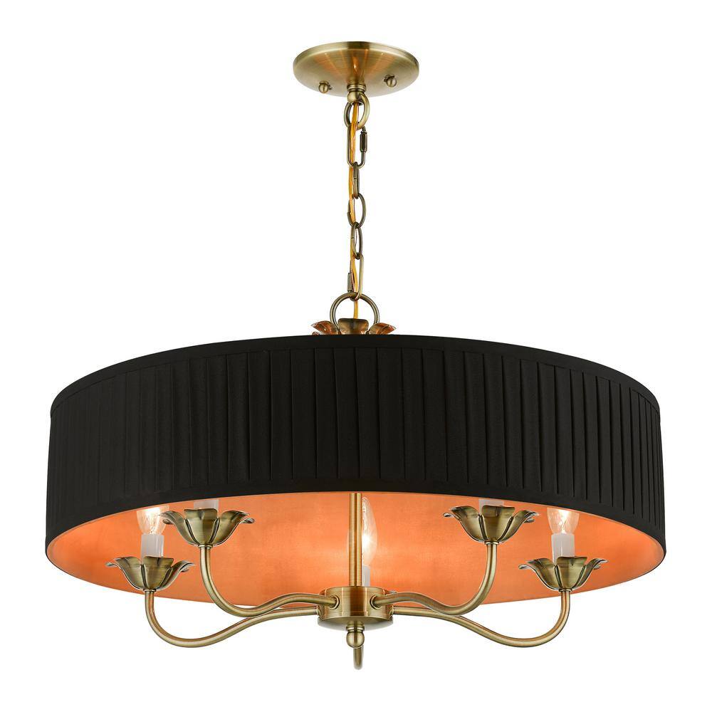Antique Brass Floral 5-Light Drum Chandelier with Pleated Shade