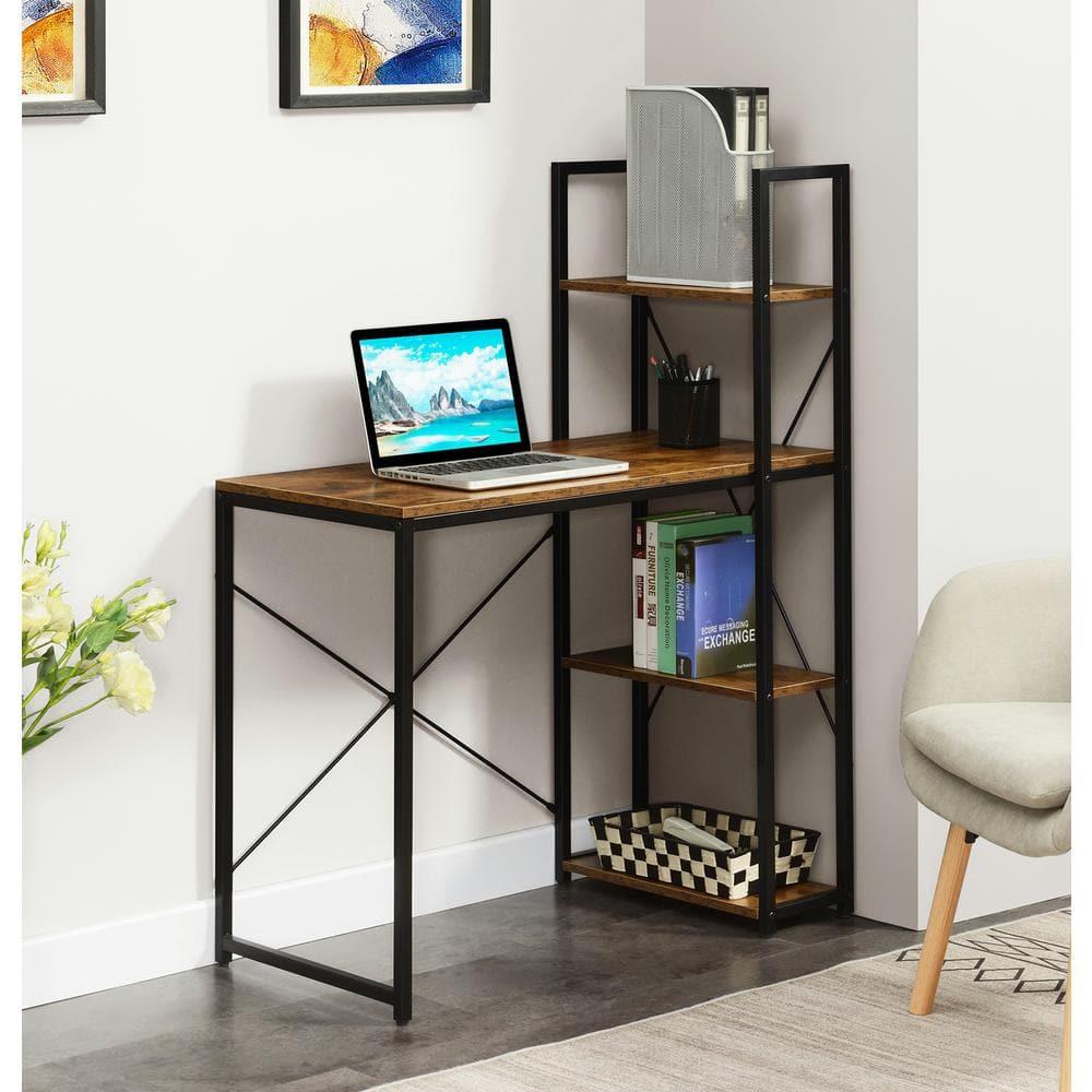 Barnwood & Black 36" Office Workstation Desk with 4-Tier Shelves