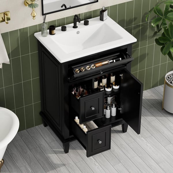 24 in. W Single Sink Black Freestanding Solid Wood Bath Vanity with White Ceramic Top, Unassembled