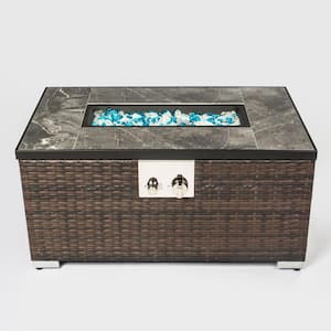 Dark Brown Rectangular Wicker 32 in. W x 15 in. H Outdoor Propane Fire Pits Table with Glass Rocks and Cover