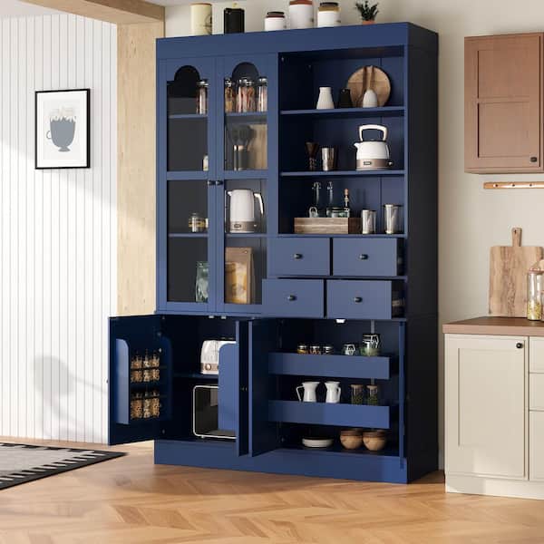 Baz Blue Wood Freestanding Buffet with 5-Shelves and 4-Drawers, Large Kitchen Pantry Storage Cabinet