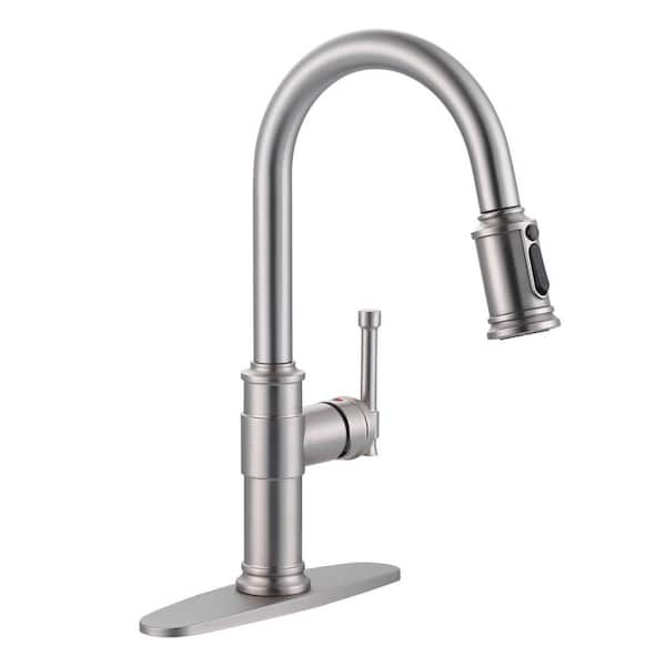 WOWOW Brushed Nickel 16.2 in. Single Handle Pull Down Sprayer Kitchen Faucet with 360° Spout Swivel in Stainless Steel