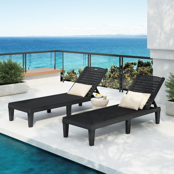 Harper & Bright Designs Black 2-Piece Plastic Chaise Lounge Set of 2 with 5-Position Adjustable Backrest