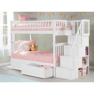 Columbia Staircase Bunk Bed Twin Over Twin with 2 Raised Panel Bed Drawers in White