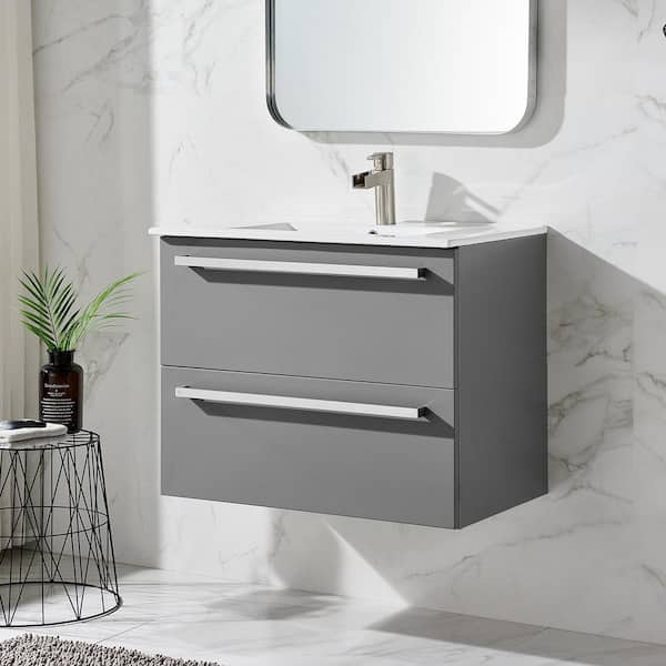 30 "W x 18 "D x 24 "H Floating Bathroom Vanity in Gray Khahi with White Ceramic Single Sink