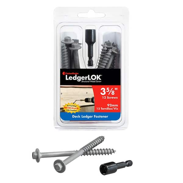 FastenMaster LedgerLOK Structural Ledger Board Screws – 3-5/8 inch wood screws with hex head – Gray (12 Pack)