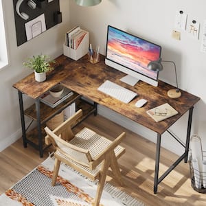 55 in. L-Shaped Rustic Brown Desk with Adjustable Shelves