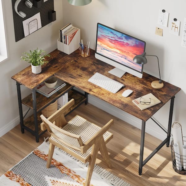 Bestier 55 in. L-Shaped Rustic Brown Desk with Adjustable Shelves