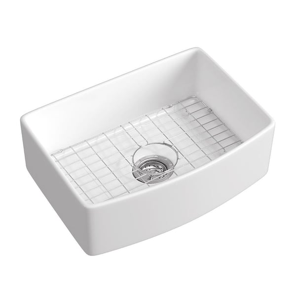30 in. x 20 in. Drop-in/Undermount Single Bowl White Fireclay Curved Apron Front Kitchen Sink with Grid and Strainer