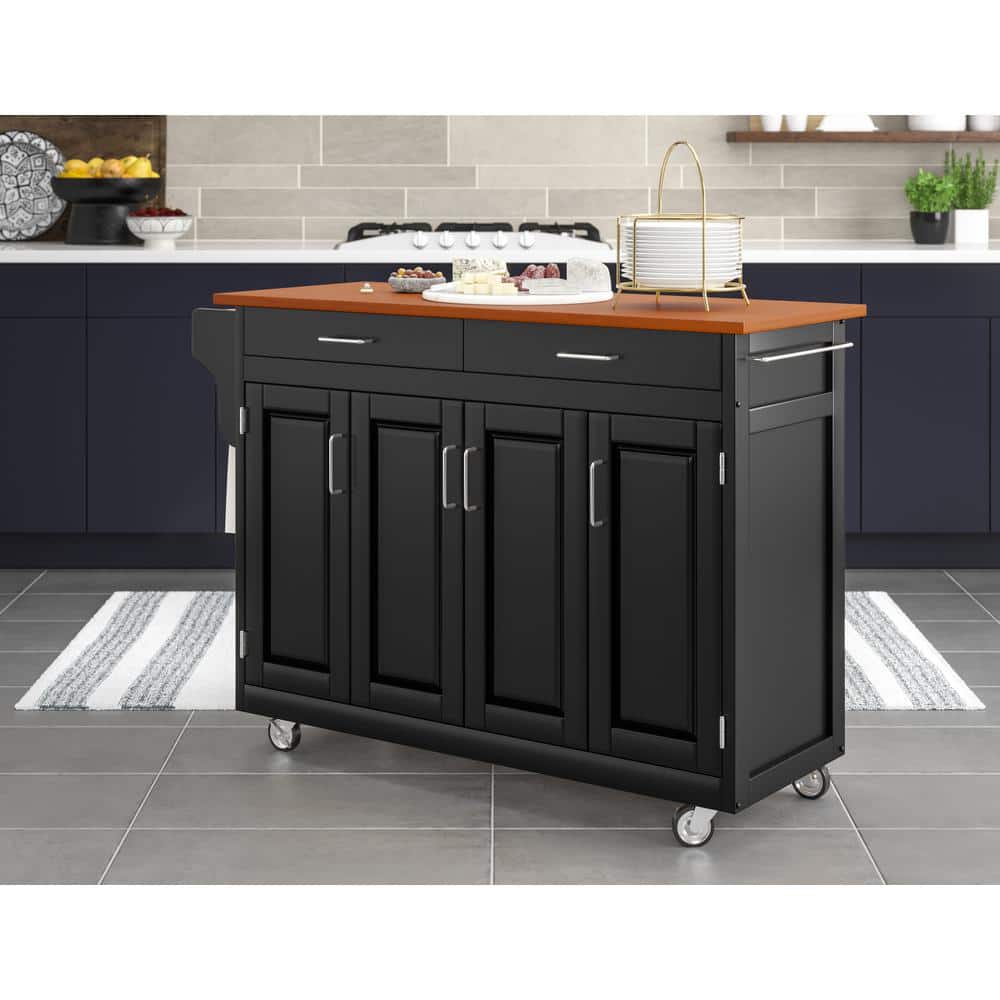 Black Wood Kitchen Cart with Oak Top and Storage