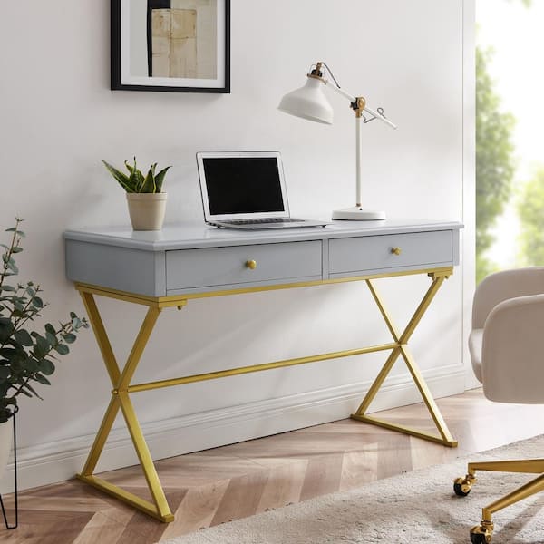 Linon Home Decor Becca 47.5 in. Rectangular Gray Gold Wood 2 Drawer Desk with Storage THD02871