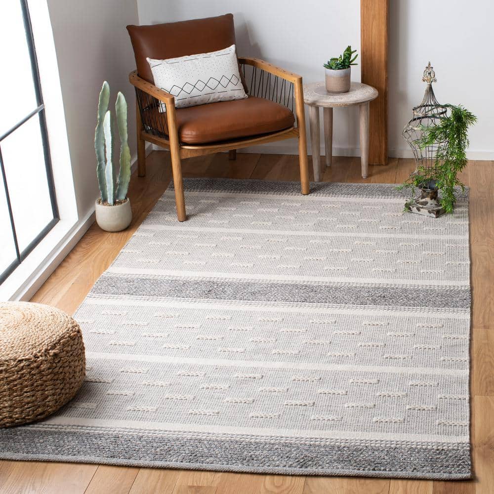 Ivory Striped Kilim 3' Square Hand-Woven Wool & Cotton Rug