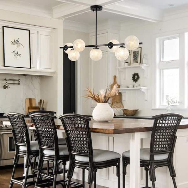 7-Light Modern Linear Chandelier with Snowy White Glass Shade Black Chandeliers for Kitchen Island Dining Living Room