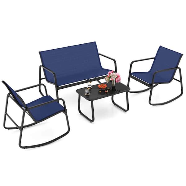 4 Piece Metal Rocking Bistro Set Patio Conversation Set with Loveseat 2 Rocking Chairs Navy