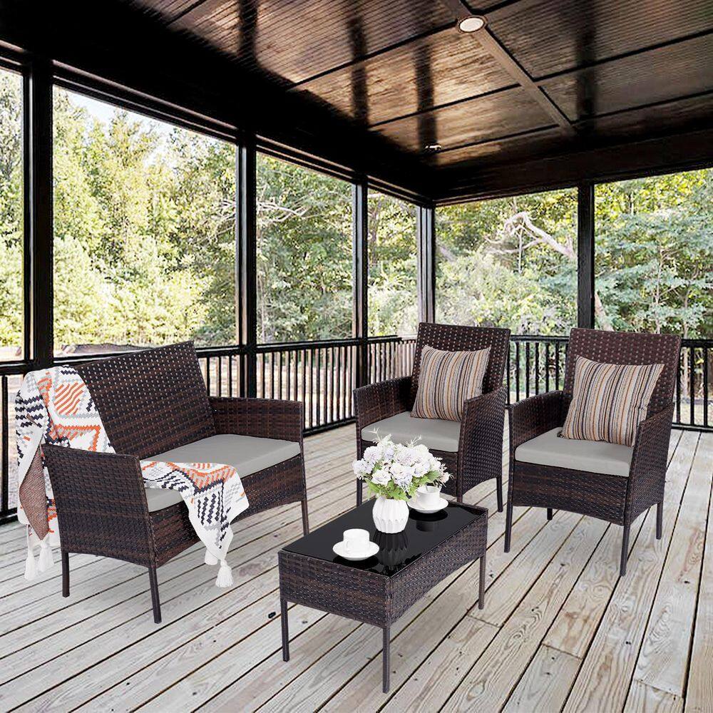 4-Piece Brown Wicker Patio Conversation Set with Gray Cushions for Garden, Porch, Backyard price history on PriceWatchPro