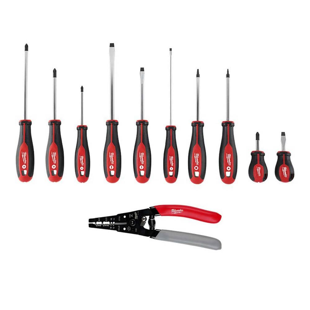 Milwaukee Screwdriver Set With 12 16 Awg Nm Dipped Grip Wire Stripper And Cutter 11 Piece 48 5493