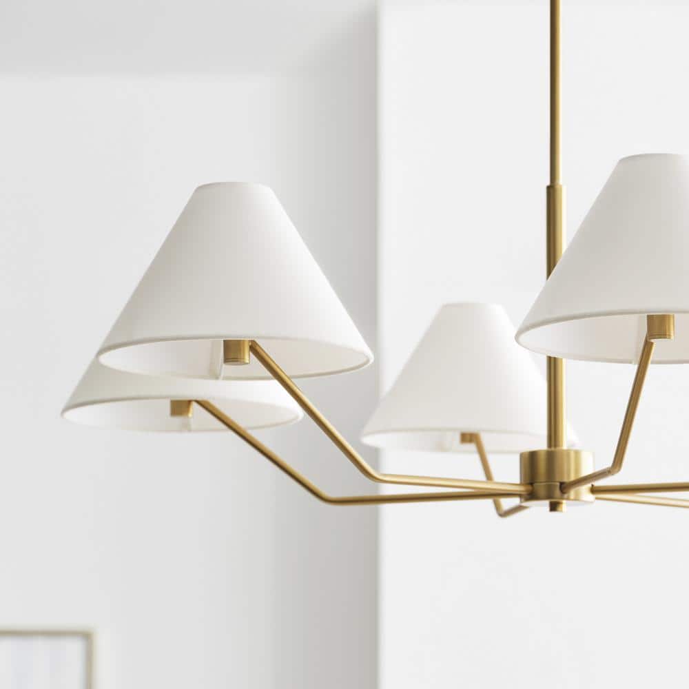 Elegant Mid-Century Satin Brass 6-Light Chandelier with White Linen Shade
